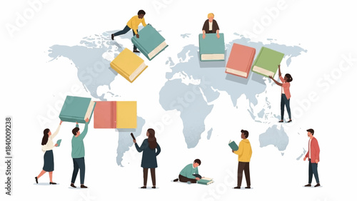 Illustration of diverse people holding and arranging books around a gray world map on a white background with a playful and educational mood.