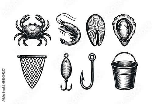 A vintage collection of hand-drawn illustrations featuring seafood delicacies and essential fishing equipment in a black and white engraving style — stock vector.