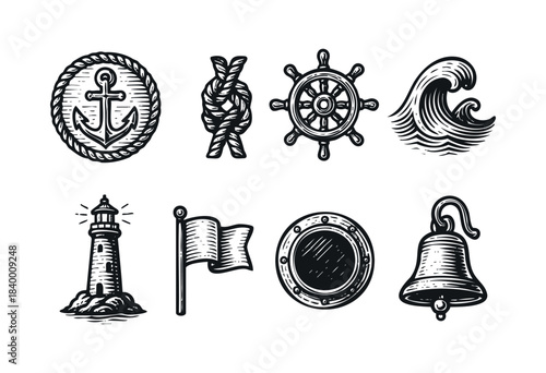 A collection of hand-drawn vintage nautical elements including an anchor, knot, ship's wheel, wave, lighthouse, flag, porthole, and bell in an engraving style — stock vector.