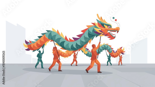 A group of people carrying a colorful dragon puppet on a city street with modern buildings in the background.
