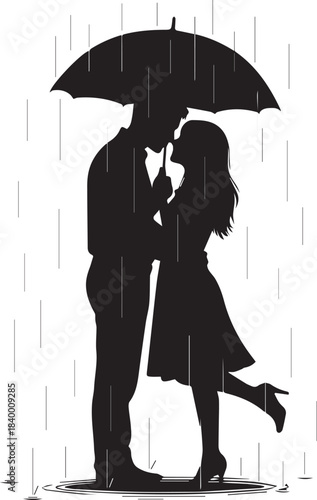 Romantic silhouette of a couple kissing under an umbrella in the rain