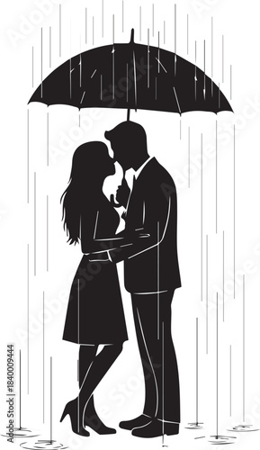 Silhouette of a couple kissing under an umbrella in the rain