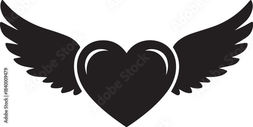 Black silhouette of a heart with outstretched wings on a white background