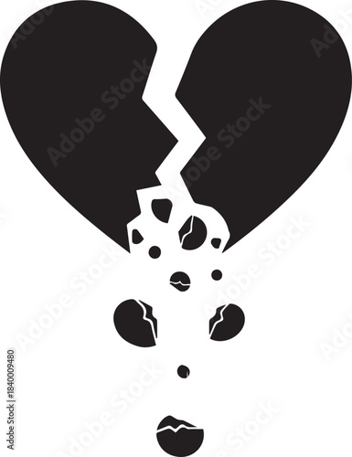 Black broken heart symbol with pieces falling apart