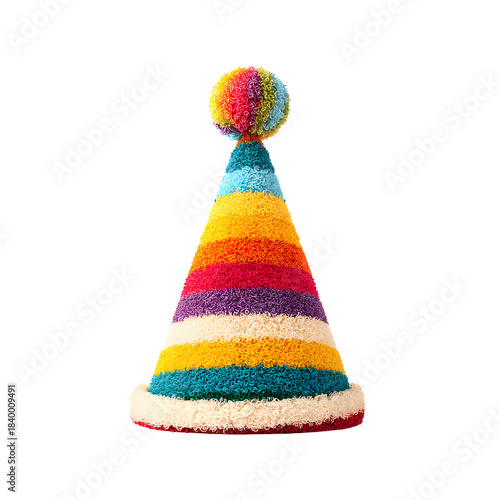 Foto Colorful Striped Party Hat with Pompom Isolated on White Background