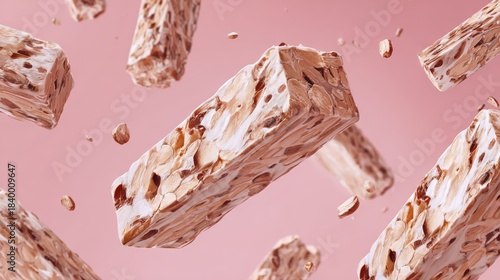 Multiple rectangular blocks of almond confection floating against a soft pink background