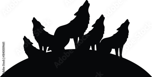 Wolf pack silhouettes howling together on a hill, wildlife scene illustration showing unity, wilderness behavior, animal group pose for nature and design projects