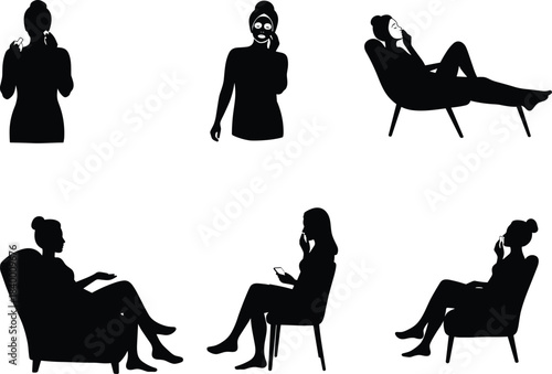 Woman relaxing at home, silhouette illustration of female doing skincare, using phone, sitting and resting in chair, daily beauty self-care concept