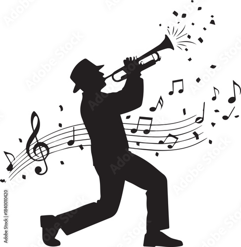 Silhouette of a jazz musician playing a trumpet with musical notes