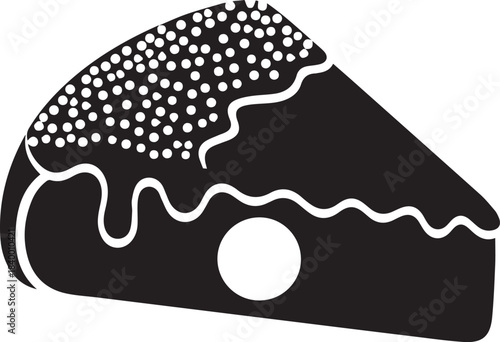 Stylized black and white slice of cake with drizzle and sprinkles