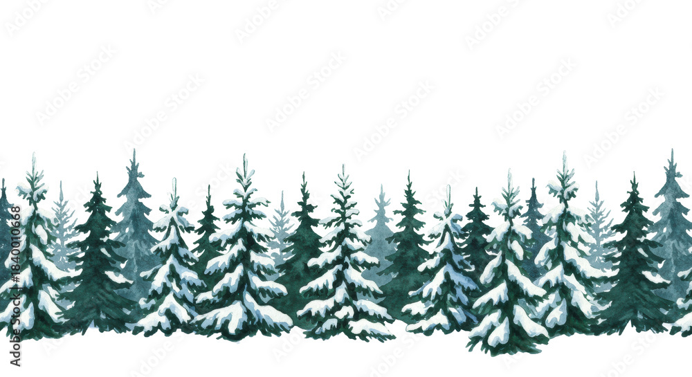 Fototapeta premium Seamless continuous row of dark emerald fir and spruce trees, traditional watercolor texture, detailed powdery snow and icy blue shadows, isolated on a transparent background. Concept for winter