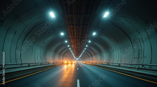 cars driving through illuminated tunnel at night with wet road surface and glowing headlights in linear perspective