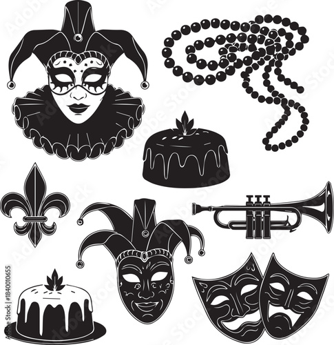 Mardi gras symbols collection festive celebration elements silhouette