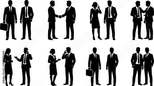 Business professional silhouette set with handshake, phone, briefcase, teamwork, corporate poses, flavector illustration