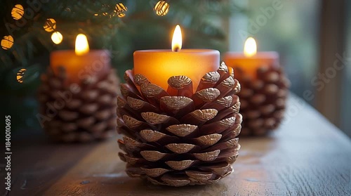 Pinecone candle holder with warm glowing flame on wooden surface soft flickering light creating cozy atmosphere with blurred background festive bokeh lights and gentle glow