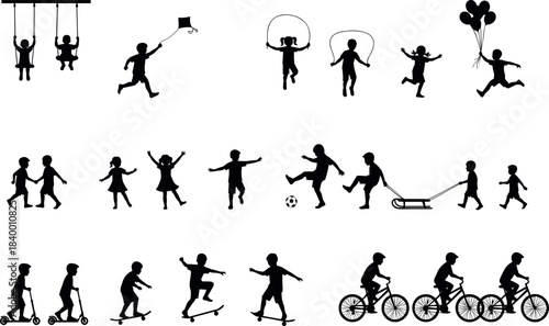 Children playing silhouette – scooters, swings, soccer, balloons, sled, kite by flavector