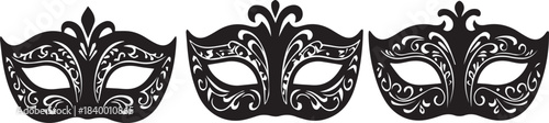 Three ornate black venetian masks arranged in a row on a white background