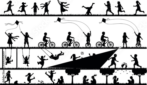Children playing outdoors in park silhouette – kites, bikes, swings, trees, joy and flavector