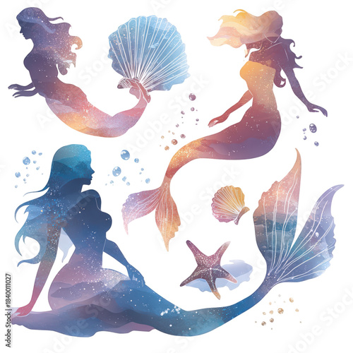 Set of beautiful mermaid silhouettes with watercolor galaxy texture.