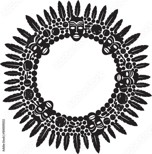 Intricate circular tribal mask and feather headdress design