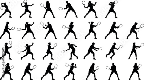 Dynamic black silhouettes of tennis players in action poses – flavector sports illustration set