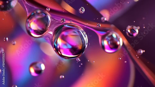 Close-up of colorful water droplets on a reflective surface with vibrant lighting effects