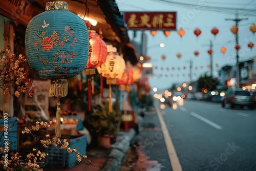 Colorful Lanterns Illuminate a Vibrant Street Scene at Dusk