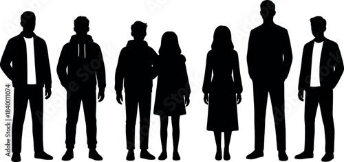 Diverse group of people silhouettes in casual and formal wear standing together for design use - flavector