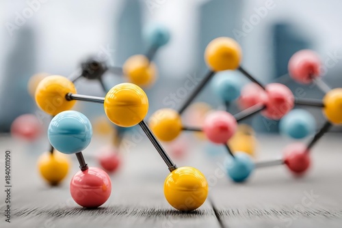Colorful Molecular Structure on Wooden Surface with Blurred Background