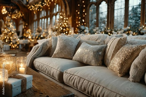 Cozy Living Room with Sparkling Decorations and Holiday Atmosphere