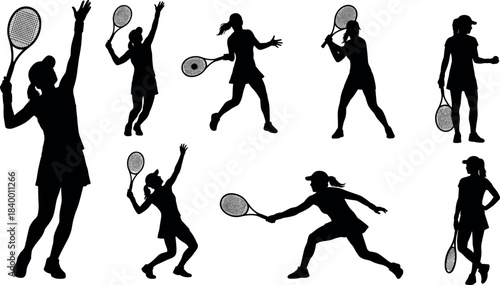 Female tennis player silhouettes in action poses, serve, swing, athletic movement, sports training, dynamic form, flavector