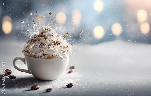 White porcelain cup of coffee with whipped cream and stars decoration. Hot and cozy season