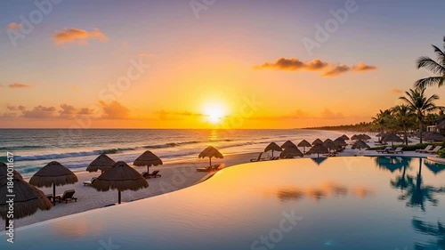 Stunning sunset over the ocean with beach umbrellas and a pool.
