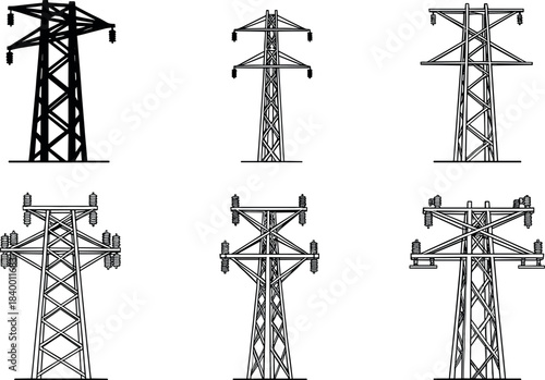 flavector electrical transmission tower designs for power grid infrastructure and engineering illustrations set