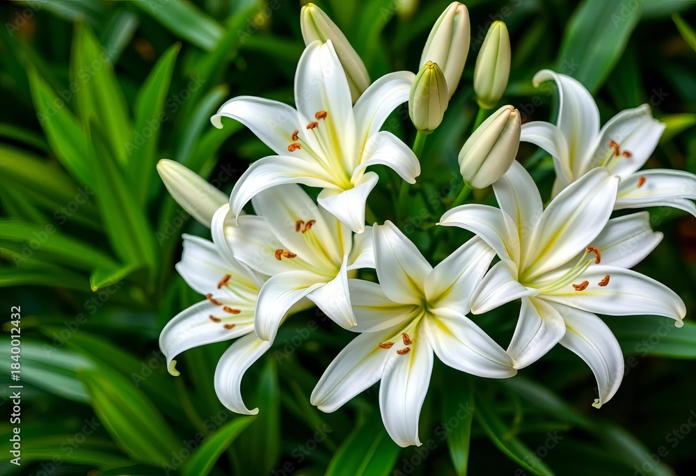 Fototapeta premium Elegant cluster of pristine white lilies, lush green foliage, nature, white