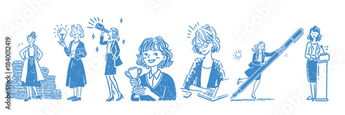 Business woman doodle illustrations showing leadership, success and career growth