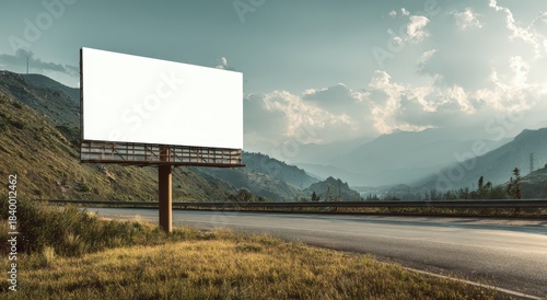 Vibrant photo of Blank billboard beside a rural road with mountains and sky in the background