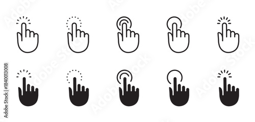 Click line black icon set. Hand, finger sign. Clicking symbol. Touch screen, tap, select, activation concept. Element for social media,interface,website, network. Editable stroke. Vector illustration.