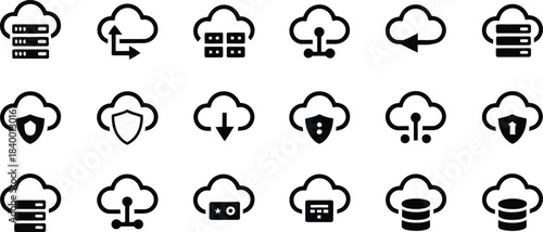 cloud server silhouette icons, minimal digital data pack, secure hosting ui vector, bold clean shapes.