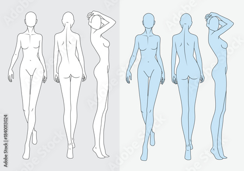 Female fashion figure technical flat sketch vector mockup illustration.