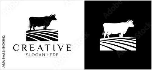 Minimalist Cow on Field Logo Design for Agricultural Branding.