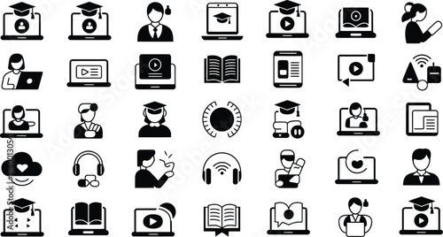 corporate office silhouette icon set, clean business elements, minimal ui symbols, modern black shapes.