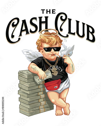 Vector illustration of a cool baby angel with sunglasses and a cigarette, standing near a stack of money, embodying a modern and edgy design for various applications