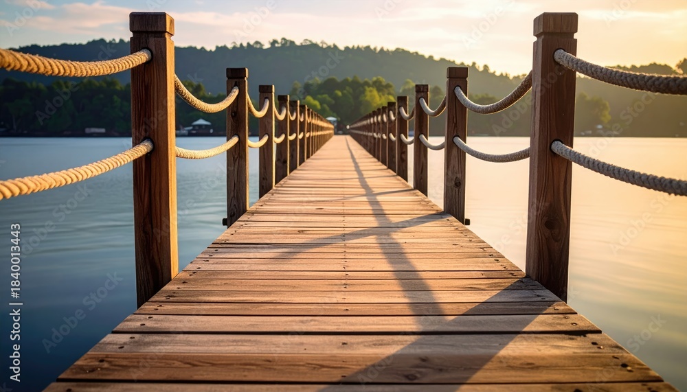 Obraz premium Dock stretches across tranquil lake, mountains in distance