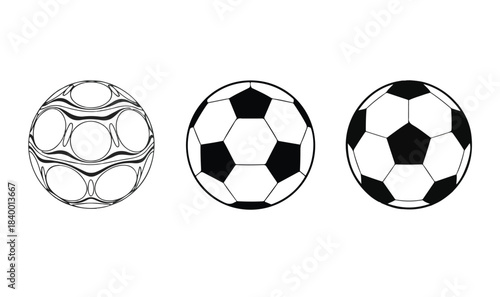 Triple Football Vector Set — Minimal Line Art and Classic Black-and-White Soccer Ball Icons