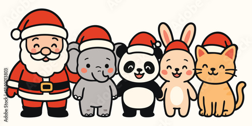 A joyful illustration depicting Santa Claus and various cute animals including an elephant a panda a penguin and a giraffe celebrating Christmas Each character holds a festive gift and they are gather