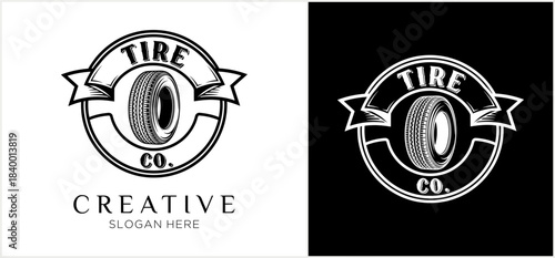Vintage Tire Company Logo Design with Classic Automotive Wheel and Banner.