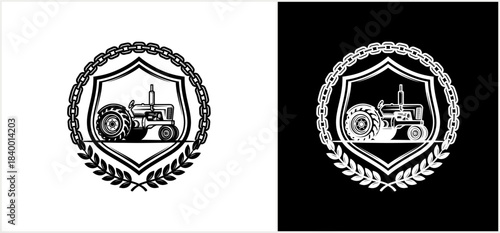 Vintage Tractor Emblem with Shield and Laurel Wreath.