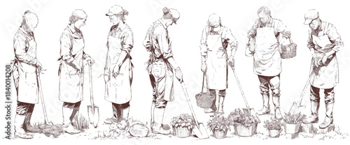 Gardeners at Work: A group of gardeners diligently tending to a vibrant flower garden. The sketch captures the essence of labor, dedication, and the natural beauty of gardening.