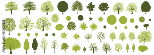 Green Trees Collection: An assorted set of green trees, offering various shapes and styles for diverse design requirements, evoking the allure of the outdoors, nature, and the environment.